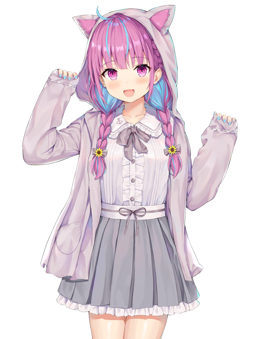 1girl :d absurdres ahoge animal_ears animal_hood blue_hair blue_nails bow bowtie braid cat_ears cat_hood cowboy_shot fang frilled_shirt frilled_skirt frills grey_skirt hair_ornament hair_over_shoulder hands_up highres hokori_sakuni hololive hood hooded_jacket jacket long_hair long_sleeves looking_at_viewer minato_aqua miniskirt multicolored_hair nail_polish open_mouth pleated_skirt purple_hair shirt simple_background skirt smile solo streaked_hair twin_braids twintails two-tone_hair violet_eyes virtual_youtuber white_background white_shirt