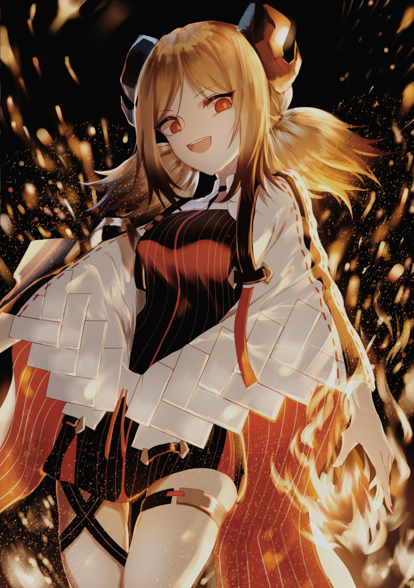 1girl absurdres arknights bangs black_background blonde_hair cloak commentary dress embers eyebrows_visible_through_hair fang fire grin head_tilt headgear highres horns ifrit_(arknights) laughing long_sleeves looking_at_viewer miniskirt nail_polish open_mouth pants ranol1215 red_eyes short_dress short_hair short_twintails sidelocks skirt smile solo_focus strap thigh_strap thighs twintails white_pants wide_sleeves