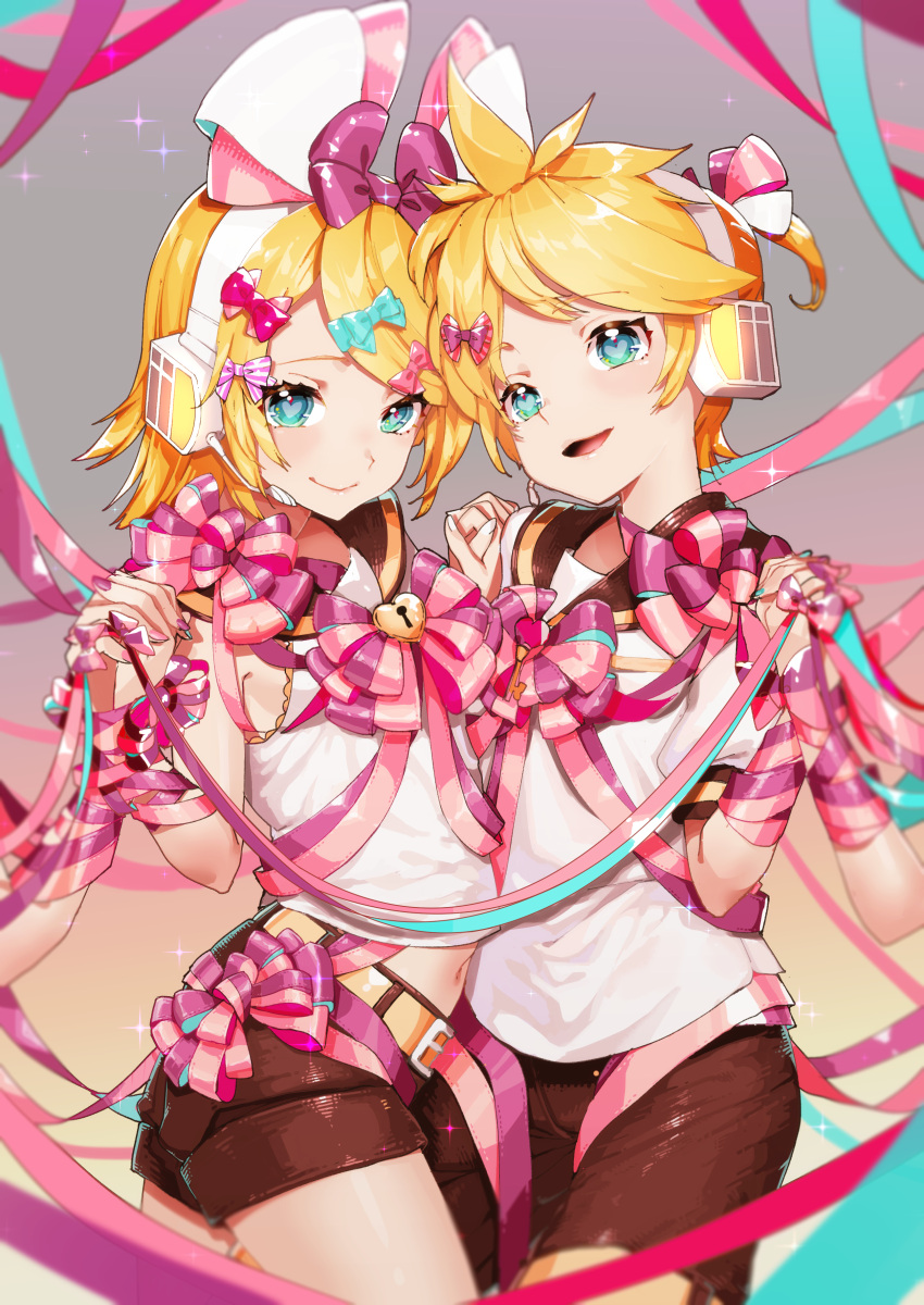 1boy 1girl absurdres aqua_nails bangs bare_shoulders belt black_collar black_shorts blonde_hair blue_eyes bow brother_and_sister collar cowboy_shot crop_top hair_bow hair_ribbon headphones headset heart heart_in_eye highres holding_hands jewelry kagamine_len kagamine_rin locket looking_at_viewer midriff nail_polish navel open_mouth pendant pepen_(singing-cat) pink_nails purple_nails ribbon sailor_collar school_uniform shiny shiny_hair shirt short_hair short_ponytail short_shorts short_sleeves shorts siblings side-by-side smile sparkle spiky_hair streamers swept_bangs symbol_in_eye twins vocaloid white_bow white_shirt
