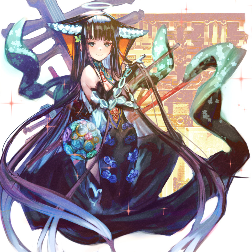 1girl bangs bare_shoulders black_dress black_gloves black_headwear black_legwear blue_eyes blunt_bangs blush breasts center_opening closed_mouth dress elbow_gloves fate/grand_order fate_(series) floral_print flute genjin gloves hair_ornament halo instrument kneeling leaf_hair_ornament long_hair looking_at_viewer medium_breasts pipa_(instrument) purple_hair sash smile solo sparkle thigh-highs thighs very_long_hair yang_guifei_(fate/grand_order)