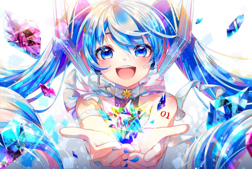 1girl absurdres bare_shoulders blue_eyes blue_hair blush collar colorful commentary dress english_text hair_ornament hatsune_miku headphones headset highres holding long_hair looking_at_viewer open_mouth prism shiny shirayuki_towa shoulder_tattoo sleeveless sleeveless_dress smile solo sparkle star_ornament stellated_octahedron tattoo twintails very_long_hair vocaloid white_background white_dress