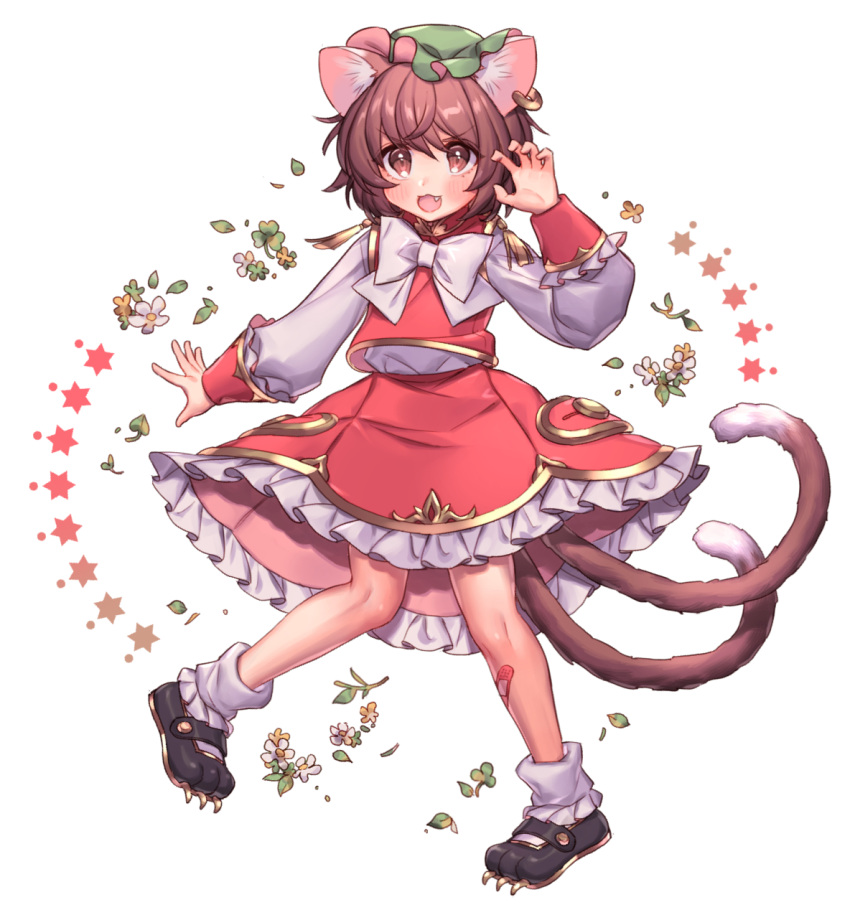 1girl :d animal_ears bandaid bandaid_on_leg bangs black_footwear blush bow bowtie brown_eyes brown_hair cat_ears chen claw_pose commentary_request earrings eyebrows_visible_through_hair fang flower full_body green_headwear hand_up hat highres jewelry long_sleeves looking_at_viewer masanaga_(tsukasa) miniskirt mob_cap multiple_tails nekomata open_mouth red_skirt red_vest shirt shoes short_hair simple_background skirt smile socks solo tail touhou two_tails vest white_background white_bow white_flower white_legwear white_neckwear white_shirt