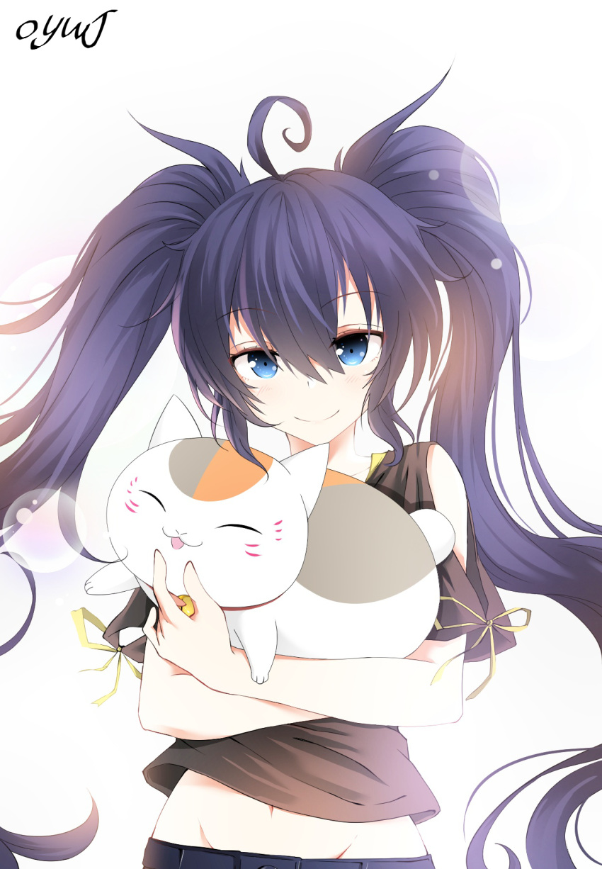 1girl ahoge artist_name bangs black_rock_shooter black_rock_shooter_(character) black_shirt blue_eyes blue_hair cat closed_mouth eyebrows_visible_through_hair floating_hair hair_between_eyes highres holding holding_cat lens_flare long_hair looking_at_viewer midriff natsume_yuujinchou navel nyanko oywj ribbon ribbon-trimmed_sleeves ribbon_trim shirt short_sleeves shoulder_cutout simple_background smile solo standing stomach twintails very_long_hair white_background yellow_ribbon
