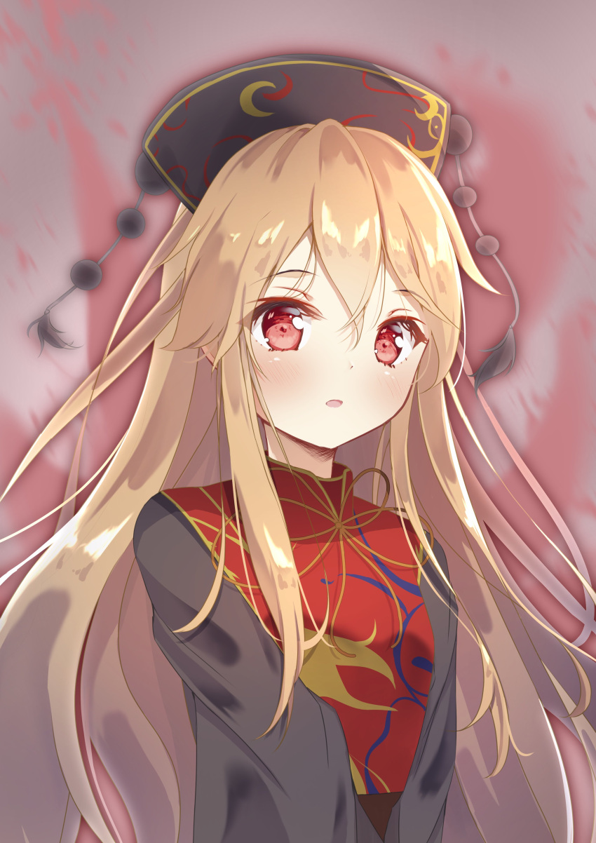 1girl absurdres black_dress black_headwear blonde_hair commentary_request dress energy grey_background hair_between_eyes hat highres junko_(touhou) loli_ta1582 long_hair looking_at_viewer parted_lips red_eyes sash solo tabard tassel touhou upper_body younger