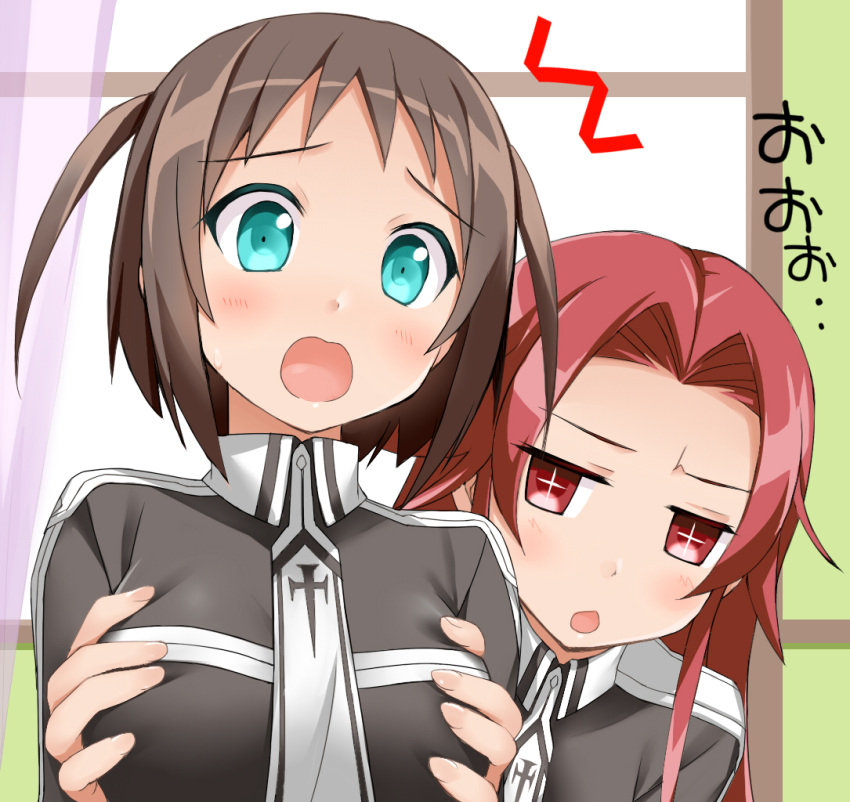 1girl 2girls :o blue_eyes blush breast_grab breasts brown_hair collarbone commentary_request dress eyebrows_visible_through_hair grabbing grabbing_from_behind groping holding indoors large_breasts long_hair long_sleeves multiple_girls open_mouth red_eyes redhead ronye_arabel school_uniform short_hair sword_art_online sword_art_online_alicization tiese_schtrinen translation_request two_side_up window yasuki_(yaski)