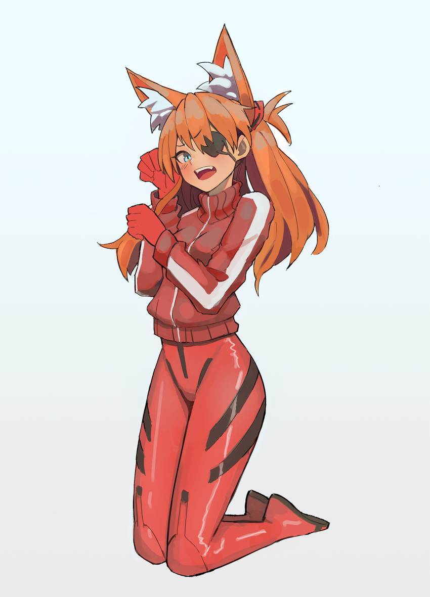 1girl animal_ears blue_eyes blush bodysuit cat cat_girl eyepatch highres interface_headset kiritzuguart long_hair neon_genesis_evangelion orange_bodysuit pilot_suit plugsuit rebuild_of_evangelion redhead shikinami_asuka_langley souryuu_asuka_langley test_plugsuit