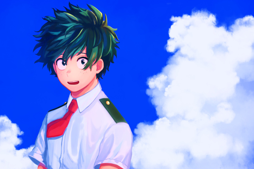 1boy asanabe bangs blue_eyes blue_sky boku_no_hero_academia clouds collared_shirt commentary_request day freckles green_hair happy highres looking_at_viewer male_focus midoriya_izuku necktie open_mouth outdoors red_neckwear school_uniform shirt short_hair short_sleeves sky smile solo teeth upper_body white_shirt