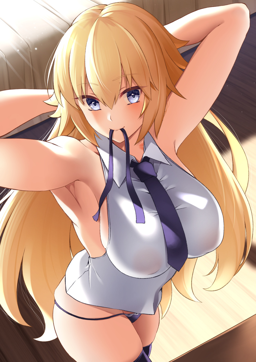 1girl absurdres armpits arms_behind_head arms_up asakura_kukuri backlighting bangs bare_shoulders blonde_hair blue_eyes blue_legwear blue_neckwear blue_panties blue_ribbon blush braid breasts collared_shirt fate/apocrypha fate_(series) hair_between_eyes highres jeanne_d'arc_(fate) jeanne_d'arc_(fate)_(all) large_breasts long_hair looking_at_viewer mouth_hold necktie panties ribbon shirt sleeveless sleeveless_shirt smile solo thigh-highs thighs underwear very_long_hair white_shirt