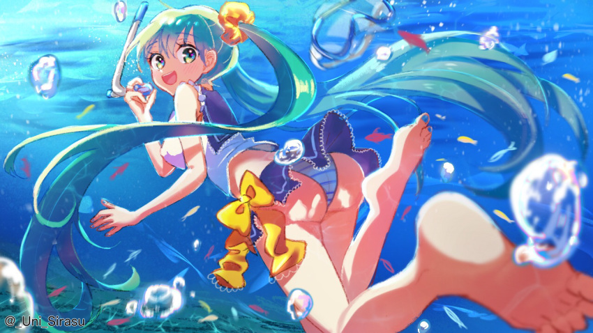 1girl :d air_bubble ass barefoot blue_hair blue_nails bow bubble day foreshortening goggles goggles_removed hatsune_miku long_hair looking_back ocean open_mouth outdoors panties smile snorkel solo striped striped_panties swimming swimsuit twintails twitter_username underwater underwear uni_sirasu vocaloid yellow_bow