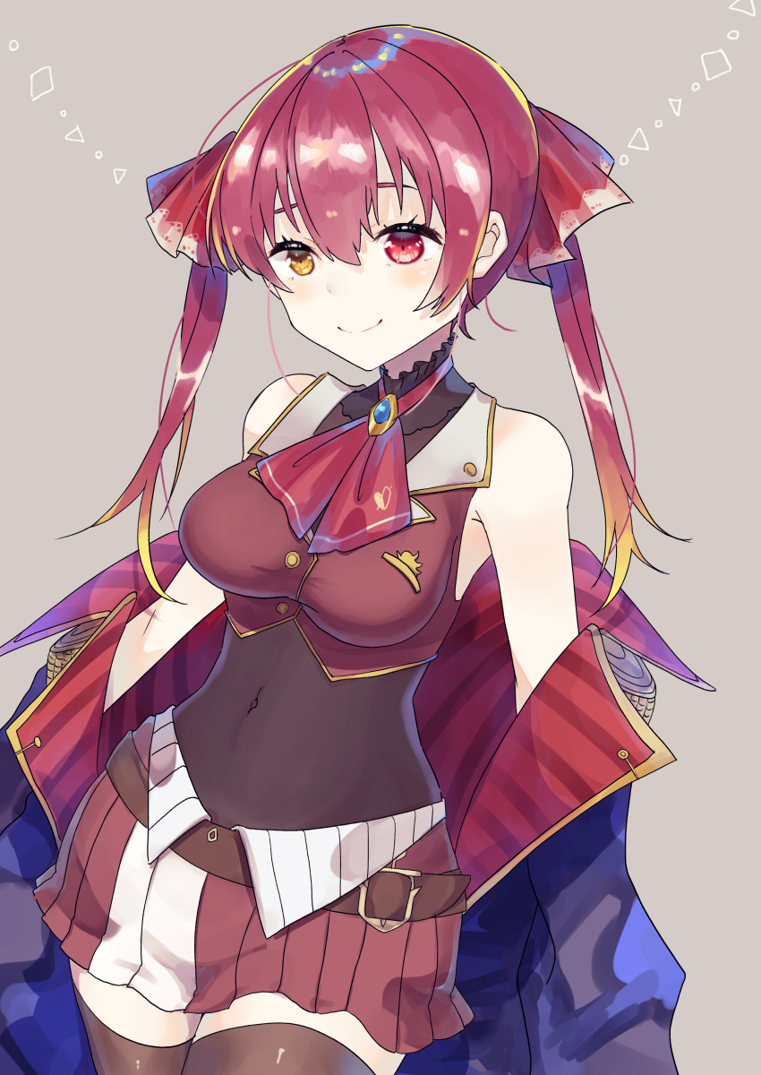 1girl absurdres bangs bare_shoulders belt breasts buttons covered_navel cravat grey_background hair_between_eyes hair_ornament heterochromia highres hololive houshou_marine leotard medium_hair mogemogehakumai no_eyepatch no_hat no_headwear pink_hair red_eyes solo thigh-highs twintails virtual_youtuber yellow_eyes