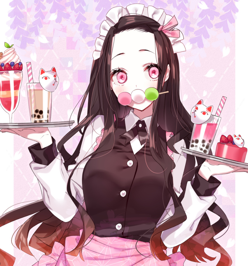 1girl apron bangs black_hair black_vest blush breasts brown_hair bubble_tea collared_shirt commentary dango drinking_straw food food_in_mouth forehead fox_mask fruit gradient_hair hair_ribbon highres holding holding_tray kamado_nezuko kimetsu_no_yaiba long_sleeves looking_at_viewer maid_headdress mask medium_breasts misumi_(macaroni) mouth_hold multicolored_hair parfait parted_bangs pink_apron pink_eyes pink_ribbon ribbon sanshoku_dango shirt solo strawberry tray upper_body vest wagashi waitress white_shirt