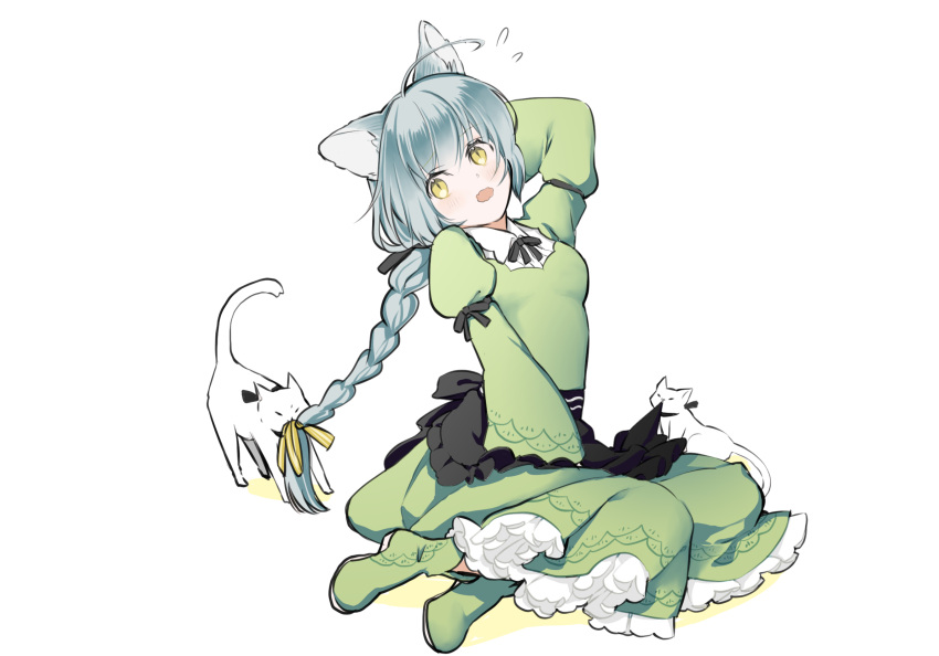 1girl ahoge animal animal_ear_fluff animal_ears aoi_sakurako apron arm_up bangs black_apron boots braid cat cat_ears colored_shadow commentary_request dress eyebrows_visible_through_hair flying_sweatdrops frilled_apron frills full_body green_dress green_footwear hair_ribbon hand_behind_head highres juliet_sleeves long_hair long_sleeves open_mouth original puffy_sleeves ribbon shadow silver_hair sitting slit_pupils solo very_long_hair waist_apron wavy_mouth white_background white_cat wide_sleeves yellow_eyes yellow_ribbon yokozuwari