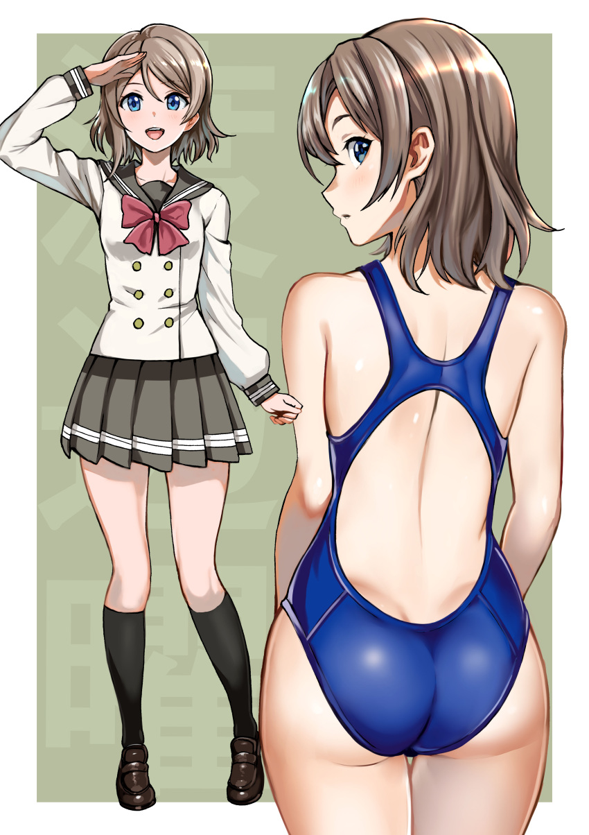 1girl absurdres ass blue_eyes blue_swimsuit blush breasts brown_hair competition_swimsuit from_behind highres long_sleeves looking_at_viewer looking_back love_live! love_live!_sunshine!! medium_breasts multiple_views neckerchief one-piece_swimsuit pleated_skirt puca-rasu red_neckwear salute school_uniform serafuku shiny shiny_hair shiny_skin short_hair short_sleeves skirt standing swimsuit uranohoshi_school_uniform watanabe_you