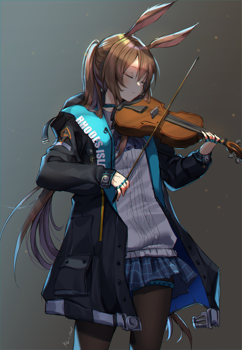 1girl absurdres amiya_(arknights) animal_ears arknights bangs black_jacket blue_skirt brown_hair brown_legwear choker closed_eyes clothes_writing cowboy_shot crack cravat garter_straps grey_background hair_between_eyes head_tilt highres holding holding_instrument instrument jacket kuini light_particles long_hair long_sleeves miniskirt music open_clothes open_jacket pantyhose plaid plaid_skirt playing_instrument pocket ponytail rabbit_ears shirt sidelocks skirt solo unbuckled_belt very_long_hair violin white_shirt