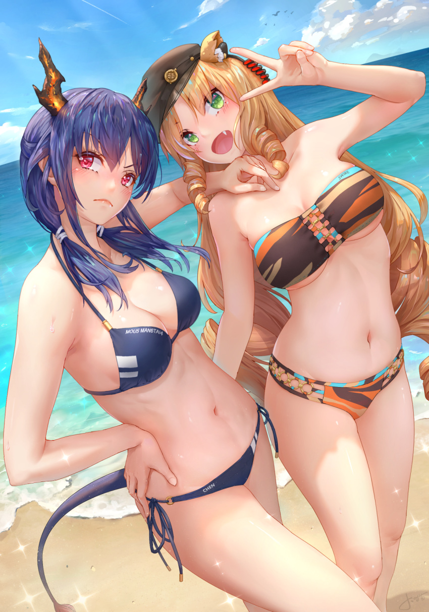 &gt;:( 2girls animal_ears arknights arm_up bandeau bangs bare_arms bare_legs bare_shoulders beach beret bikini black_headwear blonde_hair blue_bikini blue_hair blue_sky blush breasts ch'en_(arknights) clouds cowboy_shot day drill_hair drill_locks eyebrows_visible_through_hair fang feet_out_of_frame green_eyes hair_between_eyes hand_on_another's_shoulder hat head_tilt highres horns jay_xu long_hair looking_at_viewer low_twintails medium_breasts multiple_girls navel ocean open_mouth outdoors red_eyes side-tie_bikini sky sparkle standing stomach strapless strapless_bikini swimsuit swire_(arknights) tail thighs tiger_ears twintails v v-shaped_eyebrows very_long_hair water
