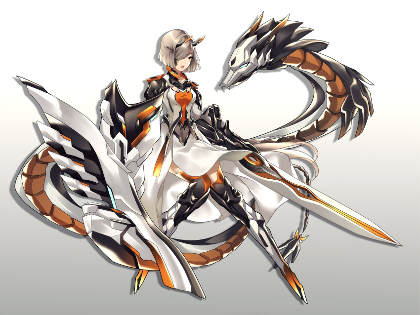 1girl armor armored_dress bangs black_legwear blue_eyes commentary_request dragon dress full_body gradient gradient_background grey_background grey_hair hair_over_one_eye highres horns mecha_musume open_mouth original over-kneehighs red_eyes shield short_hair solo sword thigh-highs weapon white_background white_dress xianguang