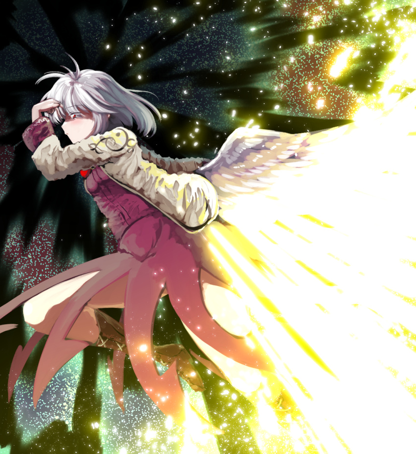 1girl abstract_background blush bow bowtie breasts brown_footwear cross-laced_footwear feathered_wings feathers flying full_body glowing grey_jacket hand_in_hair highres jacket kishin_sagume leg_up legacy_of_lunatic_kingdom light light_particles light_rays looking_at_viewer medium_breasts red_eyes short_hair silver_hair single_wing solo spell_card sunyup touhou white_hair white_wings wings