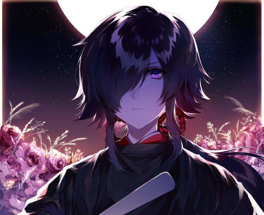 1boy black_hair closed_mouth commentary_request eyebrows_visible_through_hair flower full_moon fuuna_(conclusion) hair_over_one_eye highres looking_at_viewer male_focus moon night original outdoors pink_flower short_hair sidelocks sky solo star_(sky) starry_sky upper_body violet_eyes