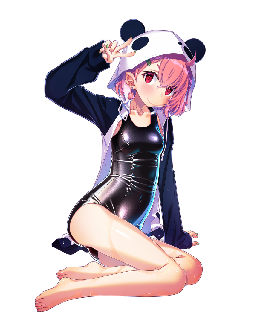 1girl absurdres bangs earrings hair_ornament hairclip hand_on_ground highres hood hoodie jewelry looking_at_viewer nail_polish nijisanji one-piece_swimsuit panda_hood pink_eyes pink_hair sakuya_tsuitachi sasaki_saku school_swimsuit shiny_swimsuit short_hair simple_background sitting smile solo swimsuit v wet