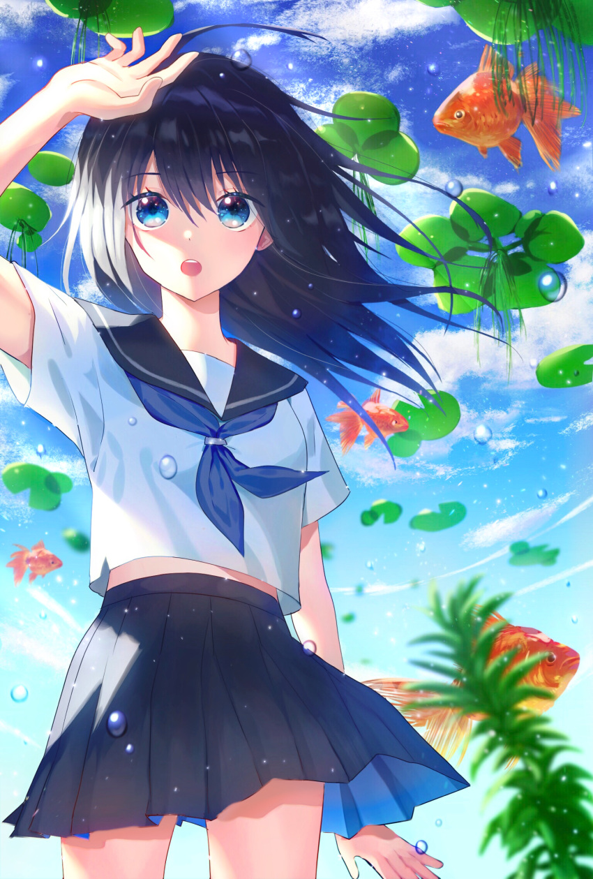 1girl :o black_skirt blue_eyes blurry_foreground fish goldfish hair_between_eyes hand_up highres lily_pad long_hair looking_at_viewer original outdoors school_uniform serafuku shirt short_sleeves skirt standing uni_sirasu white_shirt