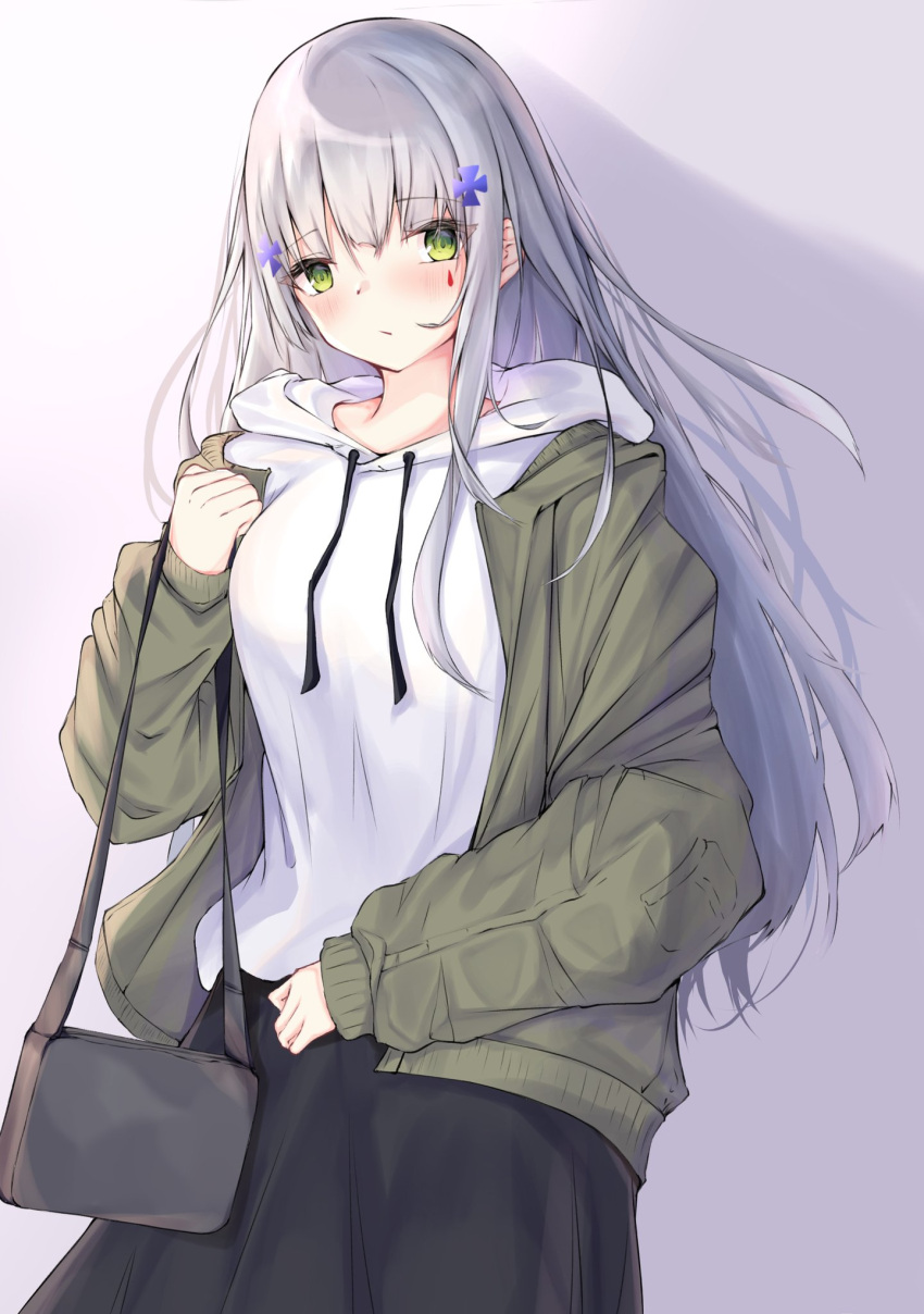 1girl alternate_costume bag bangs black_skirt blush casual closed_mouth coat commentary_request drawstring eyebrows_visible_through_hair facial_mark girls_frontline gradient gradient_background green_coat green_eyes grey_background hair_ornament handbag highres hk416_(girls_frontline) holding holding_bag hood hood_down long_sleeves looking_at_viewer looking_back megumi_kei open_clothes open_coat silver_hair skirt solo striped vertical_stripes white_hoodie