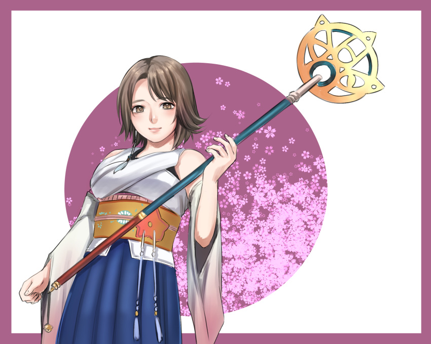 1girl alternate_eye_color breasts brown_hair closed_mouth commentary_request detached_sleeves final_fantasy final_fantasy_x final_fantasy_x-2 hakama highres holding japanese_clothes looking_at_viewer miura_hajime short_hair smile staff weapon yuna_(ff10)