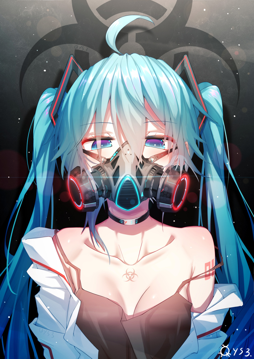 1girl ahoge bai_yemeng bangs black_camisole blue_eyes blue_hair camisole commentary_request eyebrows_visible_through_hair glowing hair_between_eyes hair_ornament hatsune_miku highres jacket long_hair looking_at_viewer off_shoulder open_clothes open_jacket respirator solo strap_slip twintails upper_body vocaloid white_jacket
