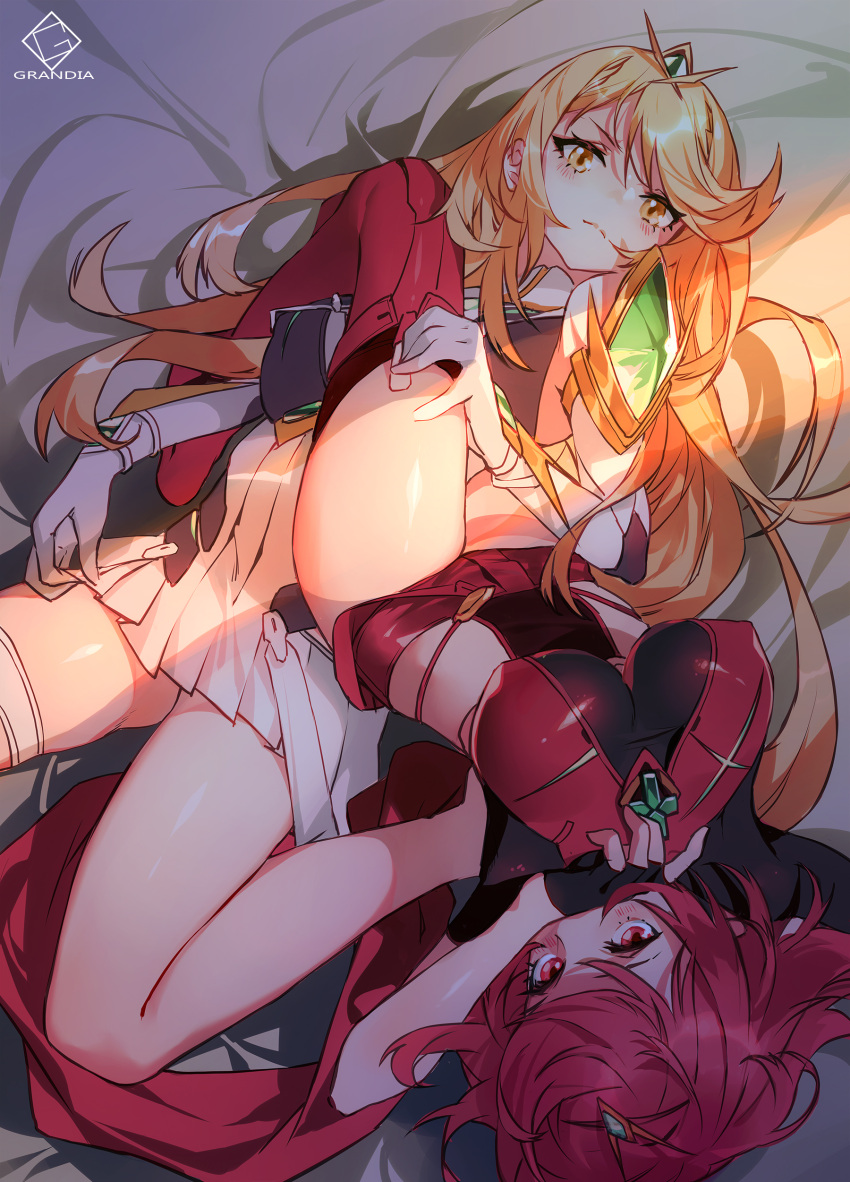 2girls absurdres bangs bare_legs bed_sheet between_thighs black_gloves blonde_hair blush closed_mouth covering_mouth dress dual_persona elbow_gloves emerald_(gemstone) eyebrows_visible_through_hair fingerless_gloves gem gloves grandialee hand_on_another's_thigh highres mythra_(xenoblade) pyra_(xenoblade) impossible_clothes light long_hair looking_at_viewer lying multiple_girls on_back on_bed pleated_dress red_eyes red_legwear red_shorts redhead short_dress short_shorts shorts shoulder_armor swept_bangs thigh-highs thigh_strap thighs tiara v-shaped_eyebrows very_long_hair white_dress white_gloves xenoblade_(series) xenoblade_2 yellow_eyes