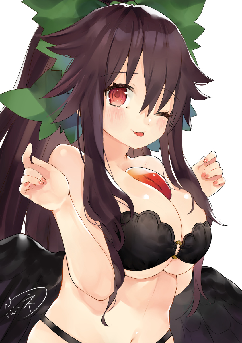 1girl ;p absurdres bangs bare_arms bare_shoulders between_breasts bikini black_bikini black_wings blush bow breasts brown_hair fingernails green_bow hair_bow highres large_breasts long_hair looking_at_viewer navel niseneko_(mofumofu_ga_ienai) o-ring o-ring_bikini o-ring_top one_eye_closed red_eyes reiuji_utsuho simple_background solo strapless strapless_bikini swimsuit third_eye tongue tongue_out touhou upper_body white_background wings