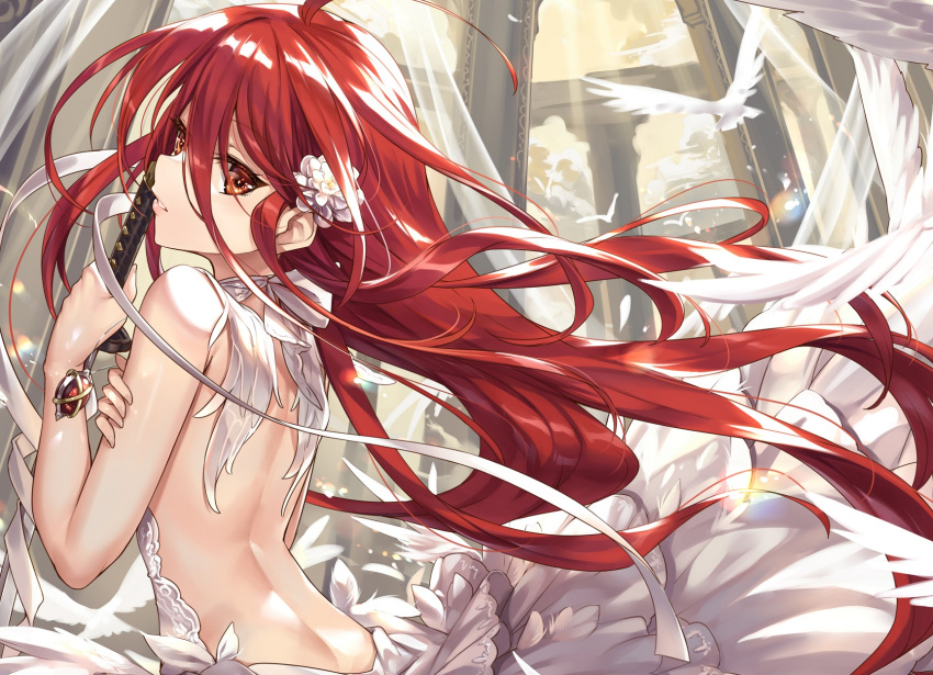 1girl ahoge alastor_(shakugan_no_shana) back backless_dress backless_outfit bangs bare_shoulders bird brown_eyes dove dress floating_hair flower hair_between_eyes hair_flower hair_ornament hand_on_own_arm highres holding holding_sword holding_weapon jewelry katana ks long_hair looking_at_viewer parted_lips pendant red_eyes redhead reverse_grip ribbon shakugan_no_shana shana sidelocks solo sword very_long_hair weapon wedding_dress white_dress white_flower white_ribbon wind