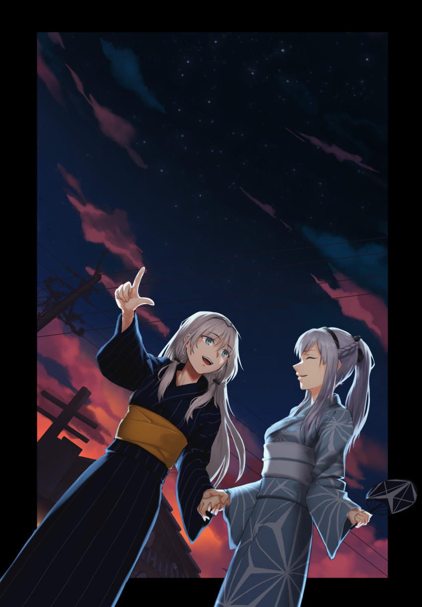 2girls absurdres ak-12_(girls_frontline) an-94_(girls_frontline) blue_eyes blue_kimono closed_eyes clouds cloudy_sky dawn fork_(357022) girls_frontline happy highres japanese_clothes kimono multiple_girls night night_sky obi pointing sash silver_hair sky smile star_(sky) starry_sky yuri