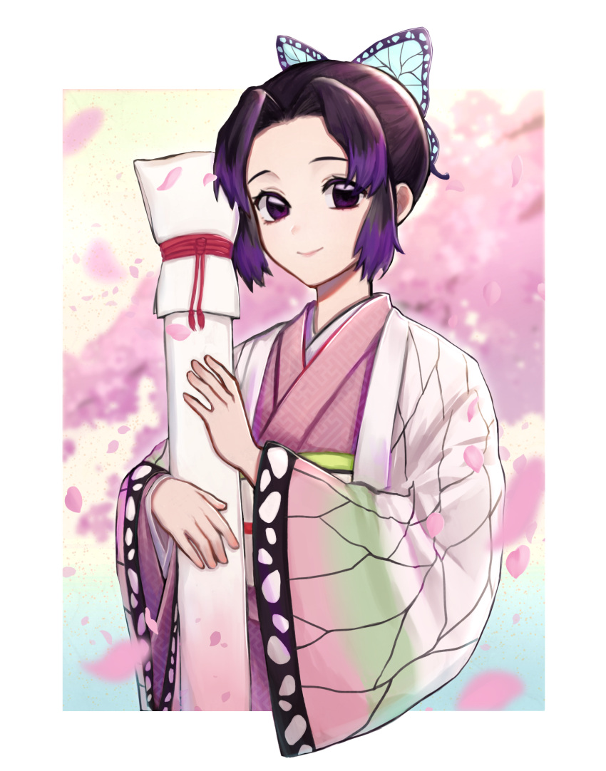 1girl asanabe border butterfly_hair_ornament cherry_blossoms closed_mouth commentary_request day hair_intakes hair_ornament hand_up haori happy highres holding japanese_clothes kimetsu_no_yaiba kimono kochou_shinobu long_sleeves looking_at_viewer obi outdoors outside_border petals pink_background pink_kimono purple_hair sash short_hair smile solo tree upper_body violet_eyes weapon_bag white_border wide_sleeves