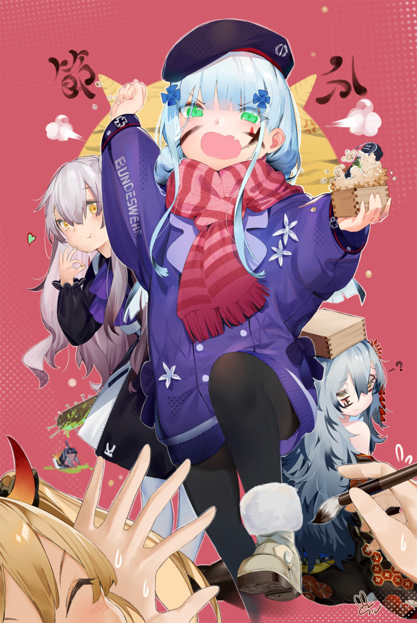4girls :t arm_up ascot bangs beret black_headwear black_kimono black_legwear black_shirt black_skirt blue_hair boots bow calligraphy_brush closed_mouth dinergate_(girls_frontline) eating eyebrows_visible_through_hair facepaint fringe_trim fur-trimmed_boots fur_trim g11_(girls_frontline) girls_frontline green_eyes grey_footwear grey_hair hair_between_eyes hat heart highres hk416_(girls_frontline) holding holding_paintbrush iron_cross jacket japanese_clothes kimono light_brown_hair long_hair long_sleeves multiple_girls off_shoulder on_head paintbrush pantyhose puffy_long_sleeves puffy_sleeves purple_bow purple_jacket purple_neckwear red_scarf scarf setsubun shirt shoe_soles signature sitting skirt standing standing_on_one_leg suspender_skirt suspenders twintails ump45_(girls_frontline) ump9_(girls_frontline) v-shaped_eyebrows very_long_hair white_legwear yamano_(yamanoh) younger
