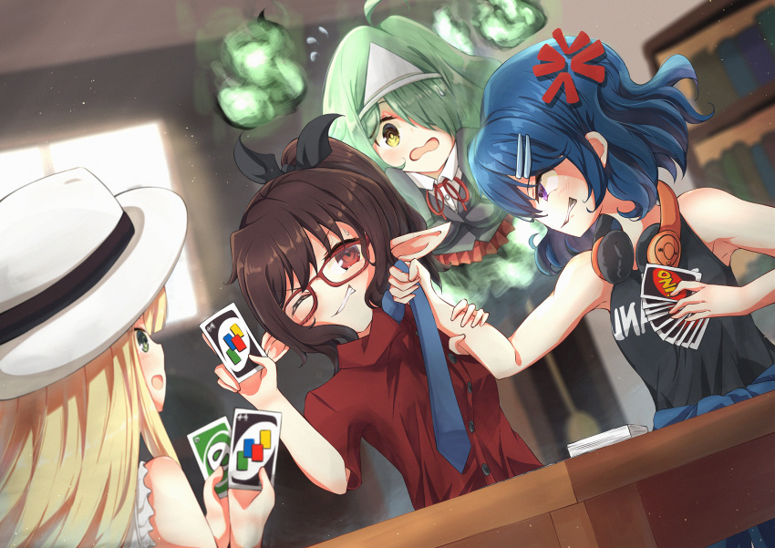 4girls ahoge anger_vein armpits black_jacket black_shirt blonde_hair blue_hair blue_neckwear blurry blurry_background brown_hair card card_game clothes_writing commentary depth_of_field dutch_angle english_commentary floating flying_sweatdrops from_behind ghost ghost_tail glasses green_eyes green_hair hair_ornament hair_over_one_eye hairclip hat headphones headphones_around_neck highres hitodama holding holding_card indoors jacket long_hair looking_at_another microskirt multiple_girls necktie necktie_grab neckwear_grab one_eye_closed open_mouth original pointy_ears ponytail red-framed_eyewear red_eyes red_shirt red_skirt sachisudesu scowl shirt short_hair short_sleeves sitting skirt sleeveless sleeveless_shirt smirk table teeth triangular_headpiece uno_(game) very_long_hair violet_eyes white_headwear white_shirt yellow_eyes