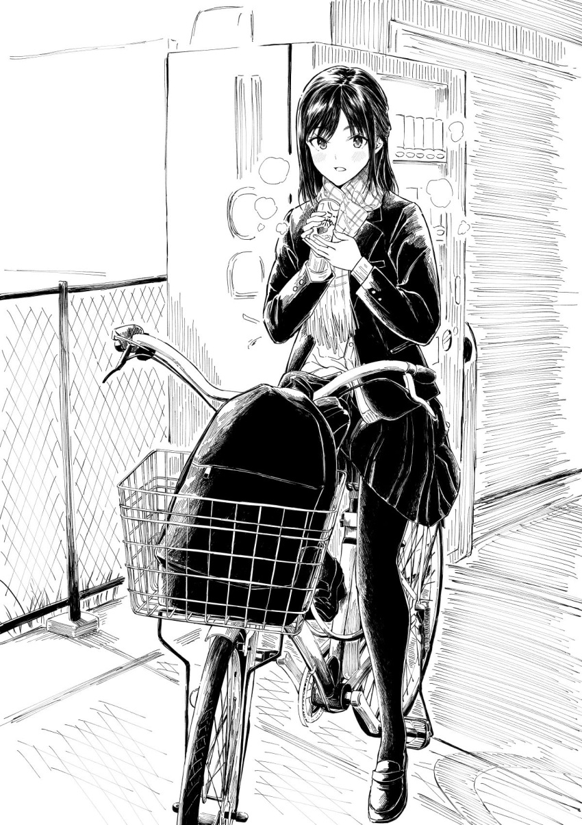 1girl backpack bag bangs bicycle blazer blush can commentary_request day eyebrows_visible_through_hair fringe_trim full_body greyscale ground_vehicle highres hiwatari_rin holding holding_can jacket loafers long_hair long_sleeves looking_at_viewer monochrome open_clothes open_jacket original outdoors pantyhose parted_lips pleated_skirt scarf school_uniform shirt shoes skirt solo vending_machine