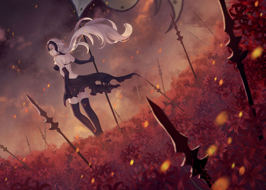 1girl backless_dress backless_outfit bare_shoulders black_dress black_gloves black_legwear blush breasts clouds cloudy_sky day dress dutch_angle elbow_gloves elsa_(g557744) fate/grand_order fate_(series) flag floating_hair flower gloves grey_hair headpiece holding holding_flag jeanne_d'arc_(alter)_(fate) jeanne_d'arc_(fate)_(all) long_hair looking_at_viewer looking_back medium_breasts outdoors planted_weapon profile red_flower sky solo standard_bearer standing thigh-highs torn_clothes torn_dress very_long_hair weapon white_flag yellow_eyes