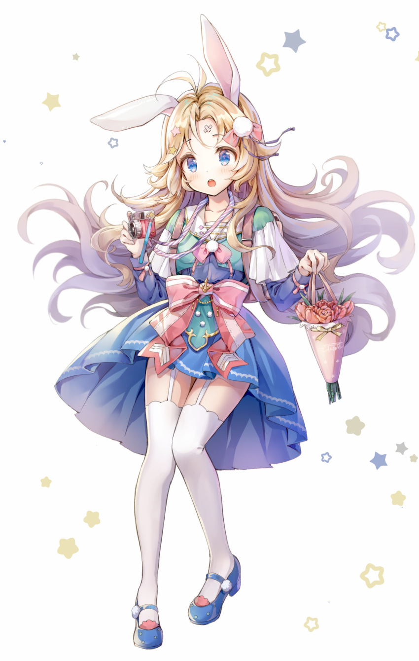 1girl animal_ears antenna_hair bangs blonde_hair blue_dress blue_eyes blue_footwear bow camera collarbone commentary dress eyebrows_visible_through_hair flower highres holding looking_at_viewer melings_(aot2846) multicolored_hair original pink_bow pink_flower pink_hair rabbit_ears shoes solo thigh-highs two-tone_hair white_legwear