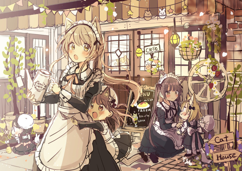 &gt;_&lt; 6+girls :d :t animal_ear_fluff animal_ears apron bangs bear bird black_dress black_footwear black_hair blush brown_eyes brown_hair cat_ears chick closed_mouth commentary_request door dress eyebrows_visible_through_hair flower food fruit hair_between_eyes hat hat_removed headwear_removed highres holding holding_hat indoors juliet_sleeves long_hair long_sleeves maid maid_apron maid_headdress menu_board mob_cap multiple_girls open_mouth original pantyhose plant potted_plant pout puffy_sleeves rabbit sakura_oriko shoes sign smile squatting standing standing_on_one_leg star strawberry strawberry_blossoms tree twintails very_long_hair watering_can white_apron white_flower white_headwear white_legwear window work_in_progress