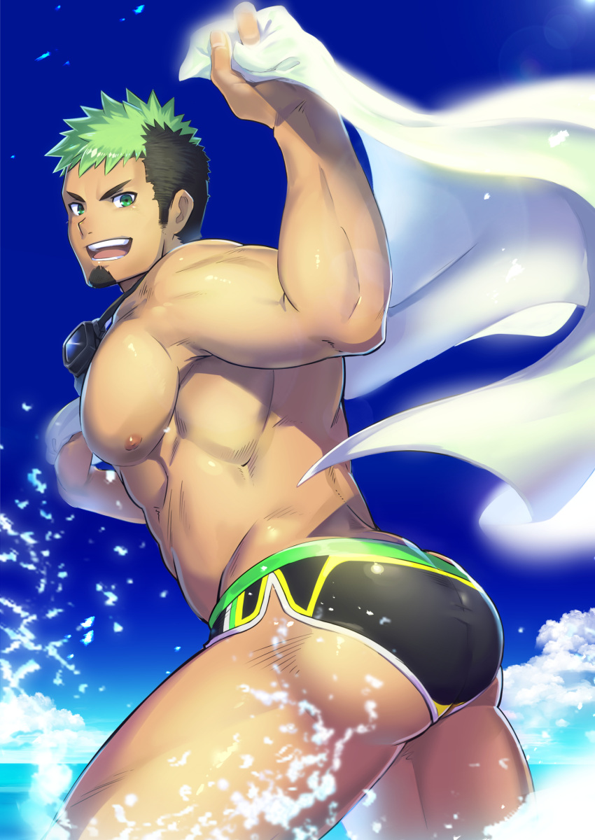 1boy abs ass bara beard chest facial_hair goggles green_eyes highres looking_at_viewer male_focus multicolored_hair muscle nipples pectorals simple_background smile solo summer swimwear thighs tokyo_houkago_summoners towel waku_(ayamix)