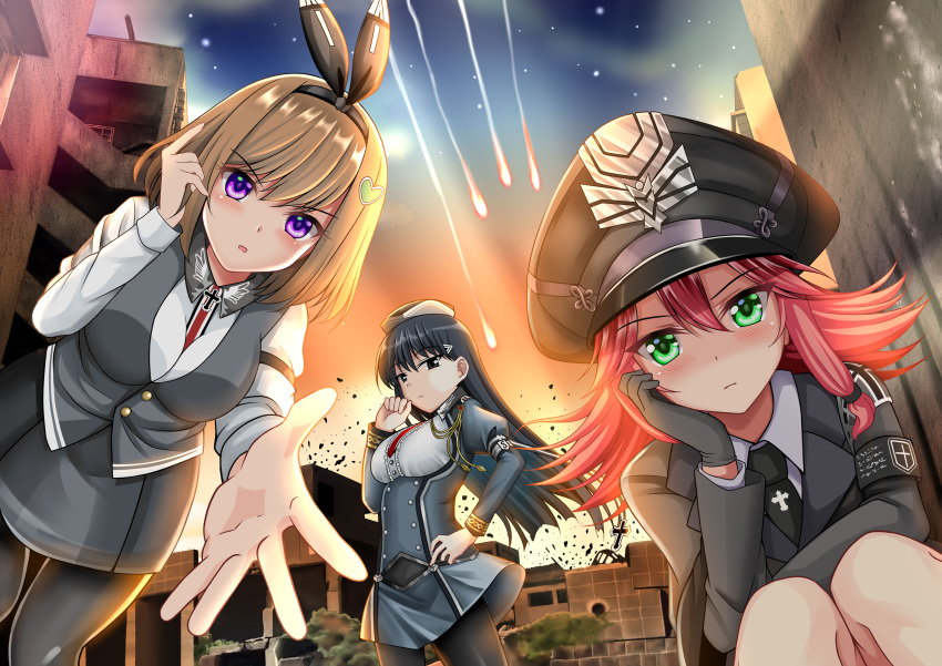 3girls absurdres ash_arms between_breasts black_eyes black_hair blush breasts brown_hair building commentary_request explosion fire gloves green_eyes hair_between_eyes hat highres iron_cross long_hair maus_(ash_arms) military military_hat military_uniform millipen_(medium) multiple_girls necktie necktie_between_breasts ougi_(ihayasaka) pantyhose pov reaching_out redhead short_hair sky traditional_media uniform violet_eyes