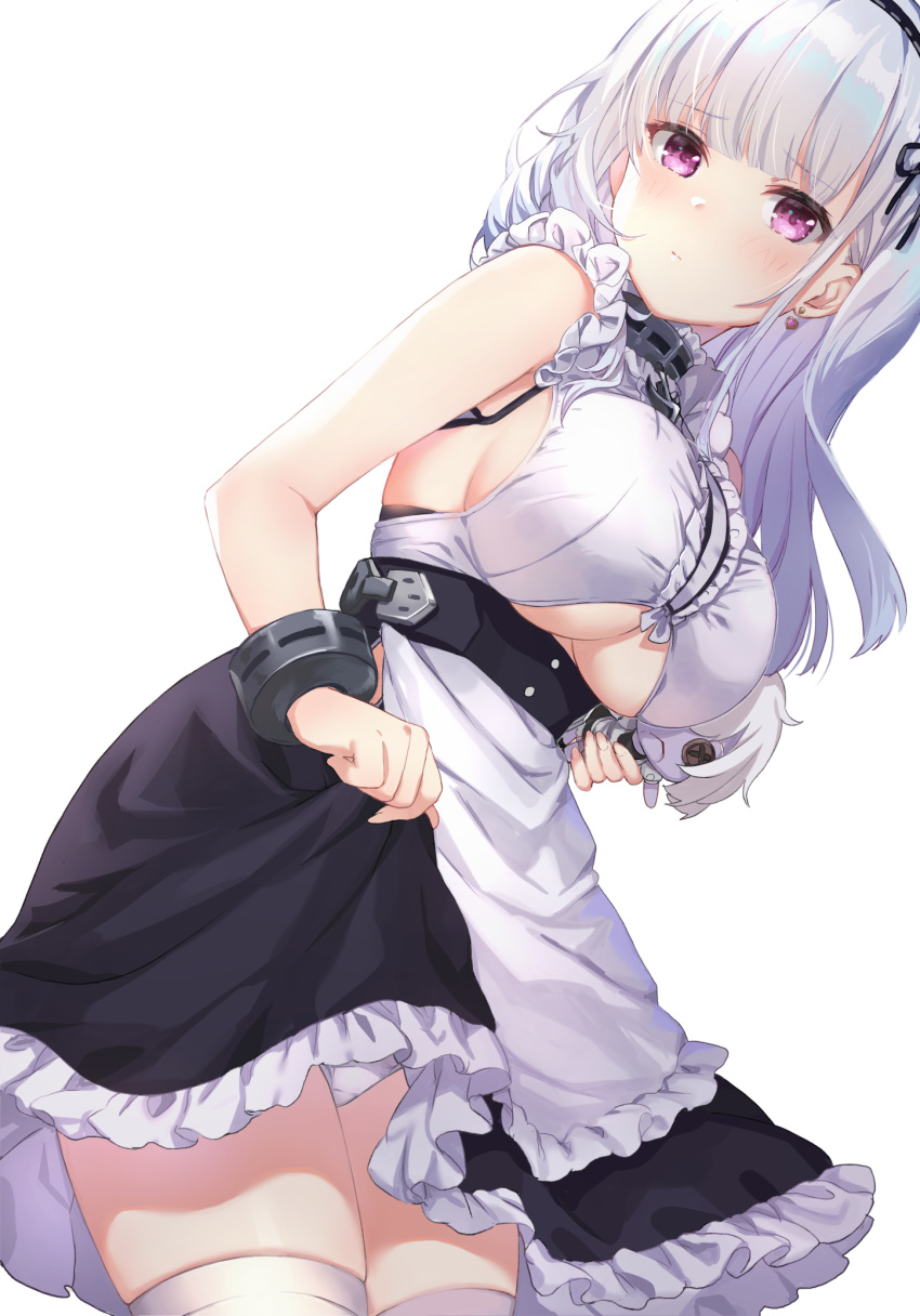 1girl apron azur_lane bangs black_ribbon black_skirt blunt_bangs blush bracelet breasts button_eyes center_frills closed_mouth commentary_request cowboy_shot dido_(azur_lane) doll earrings eyebrows_visible_through_hair frilled_shirt frilled_skirt frills hair_ribbon hairband heart heart_earrings highres holding holding_doll jewelry kon_(k0n16) large_breasts lifted_by_self long_hair panties ribbon shirt silver_hair simple_background skirt skirt_lift sleeveless sleeveless_shirt solo thigh-highs under_boob underboob_cutout underwear upskirt violet_eyes waist_apron white_apron white_background white_legwear white_panties white_shirt