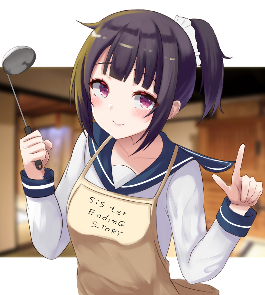 1girl absurdres apron black_hair blurry blurry_background blush bokutachi_wa_benkyou_ga_dekinai highres index_finger_raised ladle long_sleeves looking_at_viewer photo_background pink_eyes school_uniform serafuku short_hair solo user_rcfr2588 yuiga_mizuki