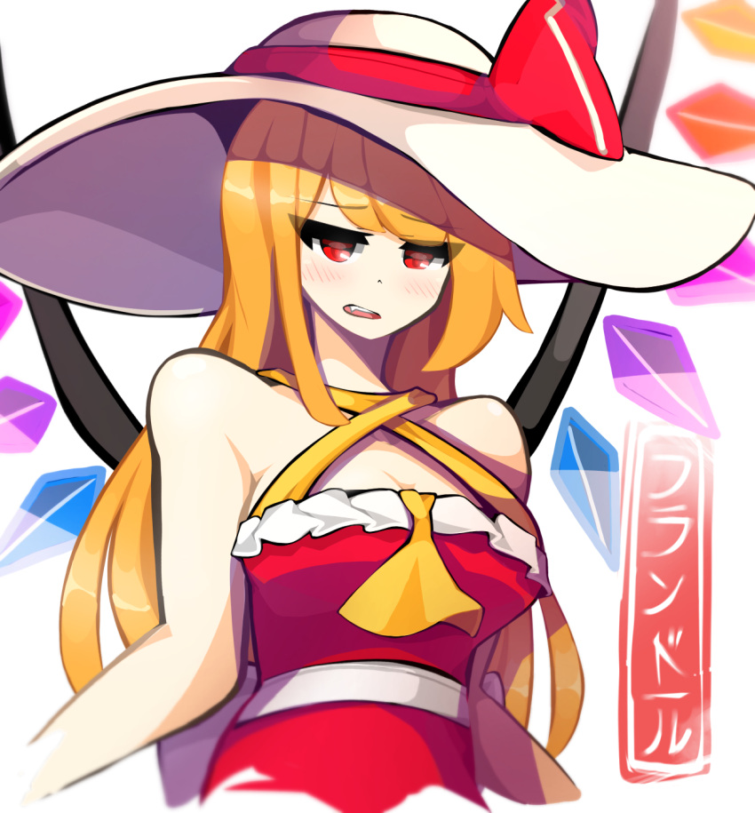 1girl bare_shoulders blonde_hair blush breasts character_name commentary cropped_arms cropped_torso crystal fang flandre_scarlet hat hat_ribbon highres kaliningradg long_hair medium_breasts older open_mouth red_eyes ribbon simple_background solo sun_hat touhou upper_body white_background wings