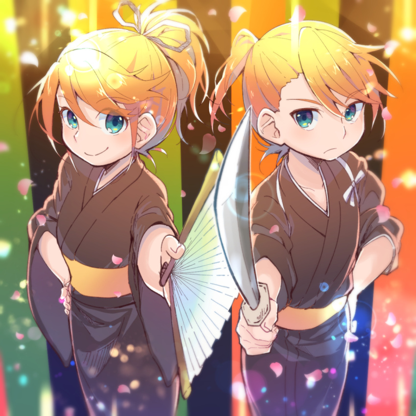 1boy 1girl alternate_costume alternate_hairstyle bangs black_kimono blonde_hair blue_eyes breasts brother_and_sister commentary_request cowboy_shot eyebrows_visible_through_hair fan frown hair_ribbon hand_on_hip highres holding holding_fan holding_sword holding_weapon japanese_clothes kagamine_len kagamine_rin katana kimono lens_flare light_particles light_rays looking_at_viewer obi petals ponytail reki_(arequa) ribbon sash siblings sidelocks small_breasts smile standing striped striped_background swept_bangs sword twins vocaloid weapon white_ribbon wide_sleeves yukata