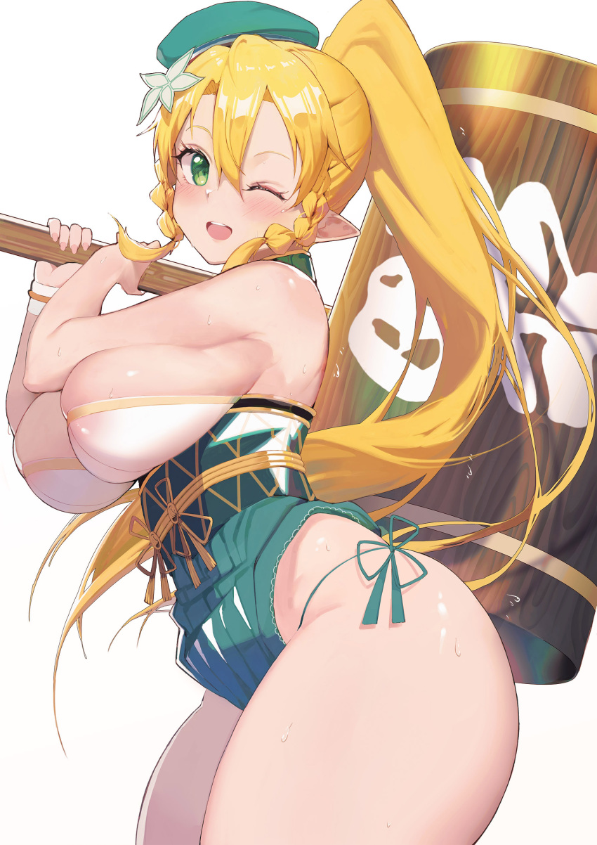 1girl ;d absurdres ass bare_shoulders beret blonde_hair blush braid breasts elf green_eyes hair_between_eyes hat highres holding holding_hammer leafa leotard long_hair looking_at_viewer one_eye_closed open_mouth pointy_ears ponytail simple_background sleeveless smile solo sweat sword_art_online teeth tigersaber white_background