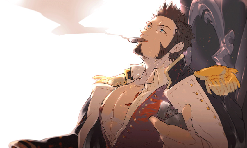 1boy beard blue_eyes brown_hair chest cigarette epaulettes facial_hair fate/grand_order fate_(series) holding holding_cigarette huge_weapon lighter long_sleeves looking_at_viewer male_focus military military_uniform muscle napoleon_bonaparte_(fate/grand_order) open_clothes pectorals pureagain scar sequential simple_background smile smoke smoking uniform weapon