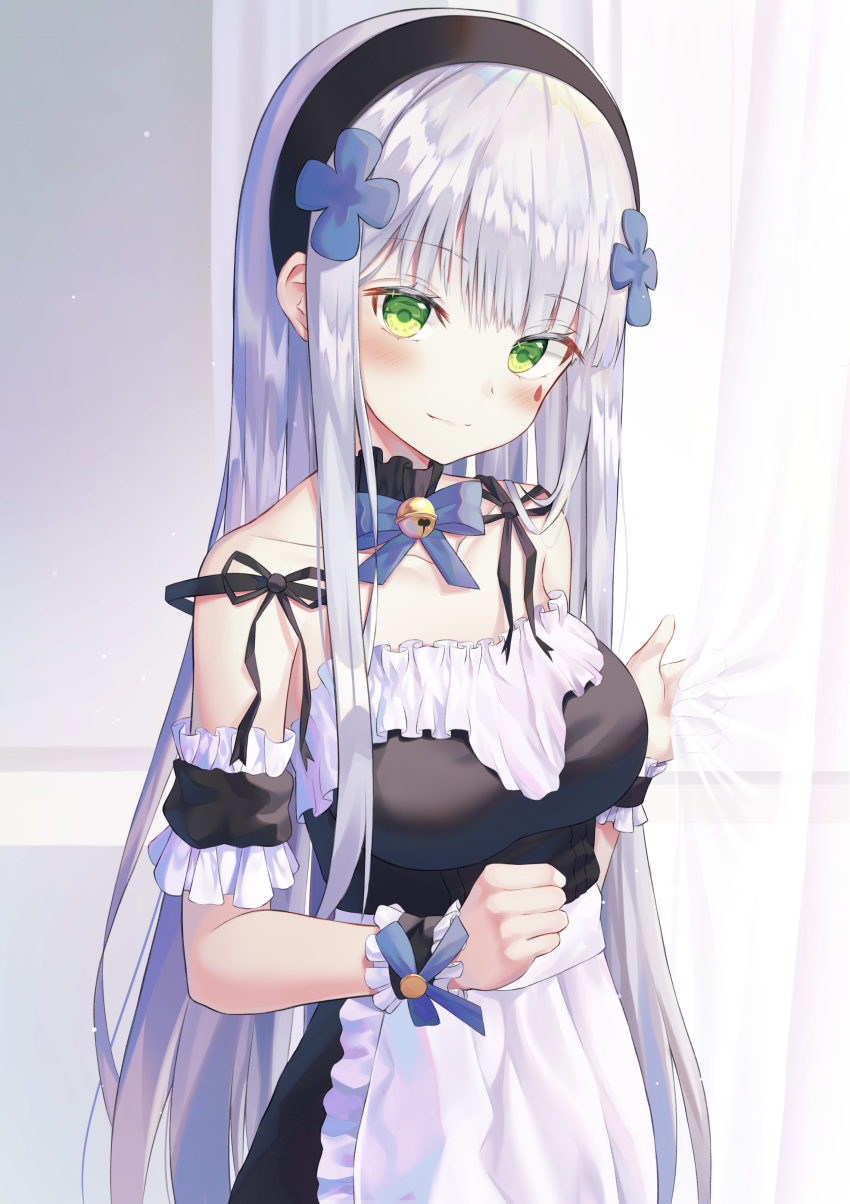1girl absurdres apron bangs bell black_dress black_hairband black_ribbon black_sleeves blue_bow blush bow breasts closed_mouth collarbone commentary curtain_grab curtains detached_sleeves dress eyebrows_visible_through_hair facial_mark frilled_apron frills girls_frontline green_eyes hair_ornament hairband highres hk416_(girls_frontline) hyonee jingle_bell long_hair maid medium_breasts puffy_short_sleeves puffy_sleeves ribbon short_sleeves silver_hair smile solo strapless strapless_dress transparent very_long_hair waist_apron white_apron wrist_cuffs