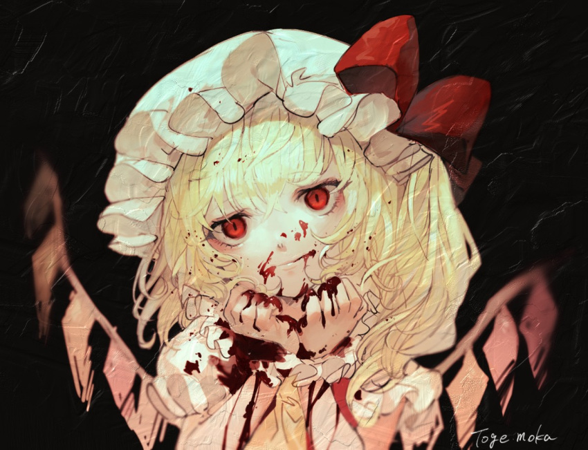 1girl artist_name black_background blonde_hair blood blood_on_face bloody_hands empty_eyes expressionless eyebrows_visible_through_hair flandre_scarlet hand_on_own_chin hat hat_ribbon head_tilt horror_(theme) looking_at_viewer mob_cap mochacot one_side_up puffy_short_sleeves puffy_sleeves red_eyes red_vest ribbon shirt short_hair short_sleeves solo texture touhou upper_body vest white_headwear white_shirt wings wrist_cuffs yellow_neckwear
