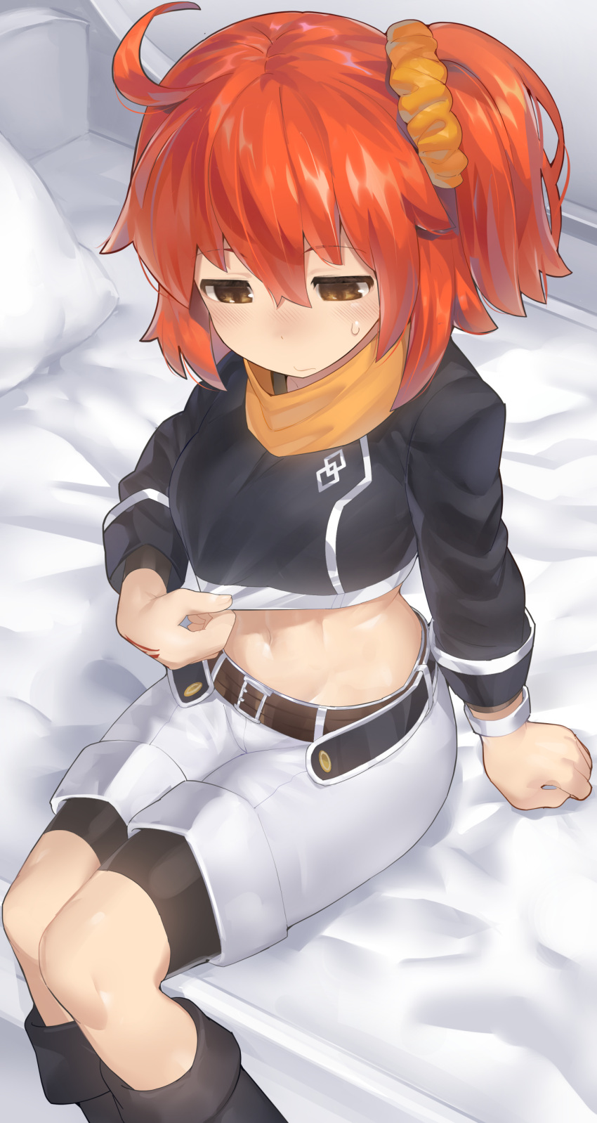 1girl absurdres ahoge arm_support bangs bed belt bike_shorts bike_shorts_under_shorts black_footwear blue_shirt blush bodysuit_under_clothes boots breasts brown_belt command_spell commentary_request crop_top eyebrows_visible_through_hair fate/grand_order fate_(series) fujimaru_ritsuka_(female) groin hair_ornament hair_scrunchie highres knee_boots looking_down medium_breasts midriff monosenbei navel nose_blush on_bed one_side_up orange_eyes orange_hair orange_scarf orange_scrunchie pillow scarf scrunchie shirt shirt_tug shorts shorts_under_shorts side_ponytail sidelocks sitting sitting_on_bed solo sweatdrop white_shorts wristband