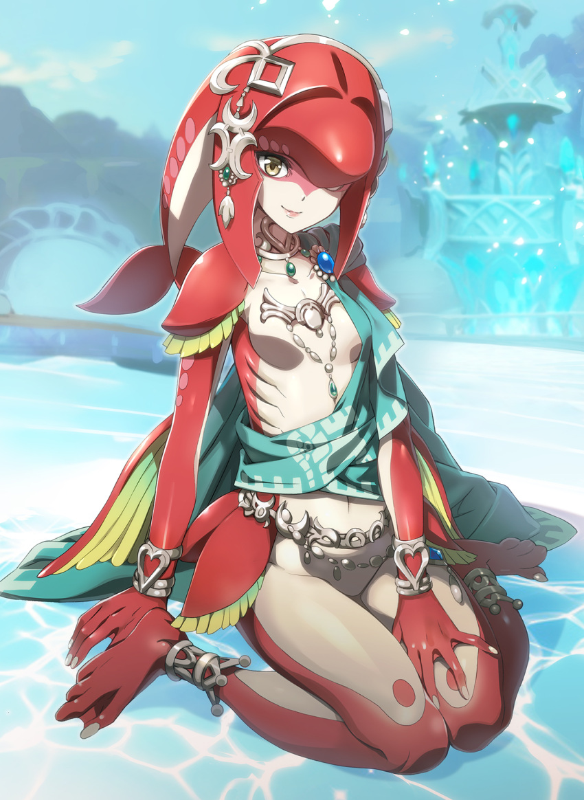 1girl anklet barefoot belt bracelet breasts fins fountain gills highres jewelry looking_at_viewer mipha monster_girl navel necklace nyoro_(nyoronyoro000) outdoors sitting smile solo tail the_legend_of_zelda wariza webbed_hands yellow_eyes zora